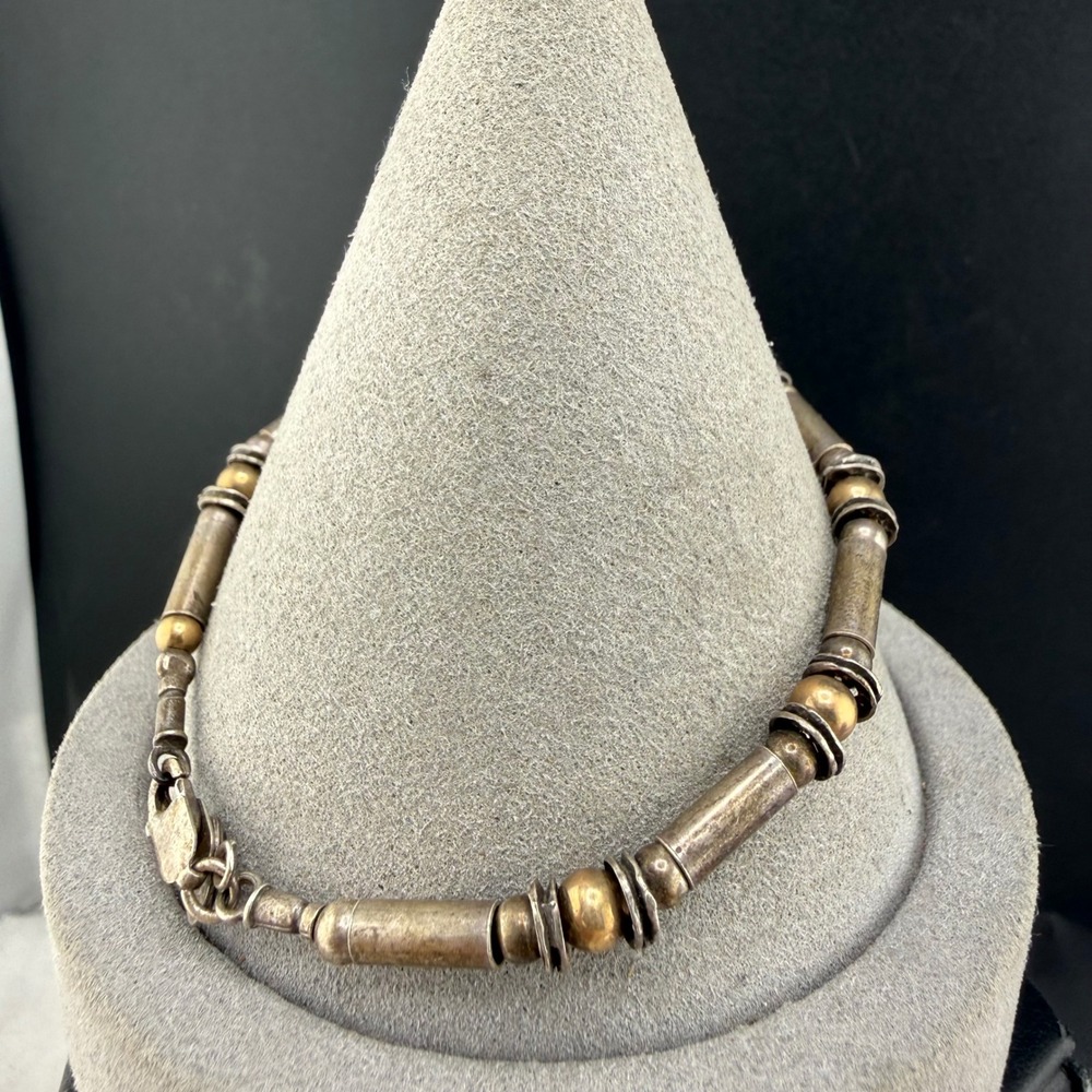 Megido Bracelet Sterling Silver Gold Two Tone Bar Bead Link 7.5